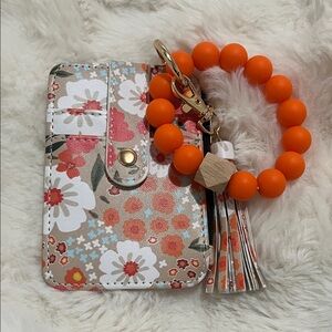 Floral Wristlet Keychain with Orange Beads